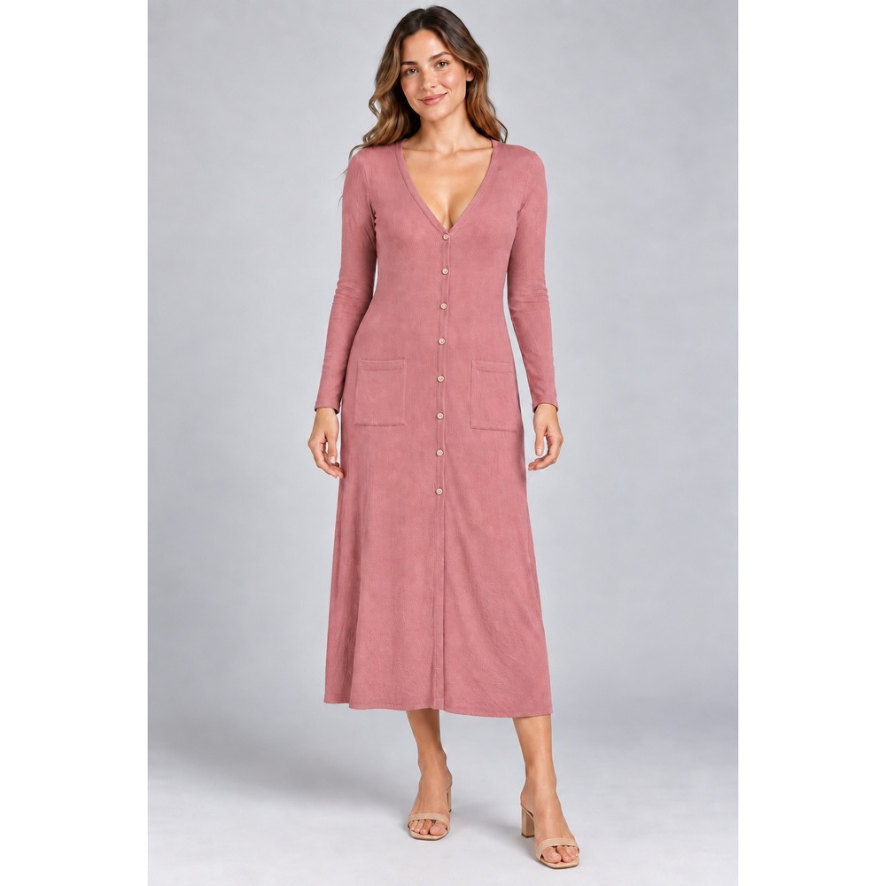Lulus Ribbed Knit Maxi Cardigan Dress Pink Long Sleeve Button Front Pockets M